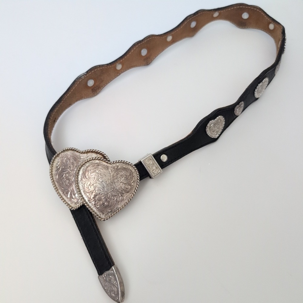 Montana Silversmiths Black Leather Western Belt Heart Silver Plate 27-30 HEAVY - Picture 8 of 9